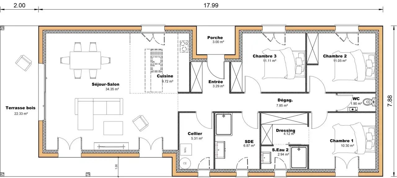 Plan d'une longère moderne avec séjour, cuisine, 3 chambres, salle d'eau, dressing, cellier et terrasse.