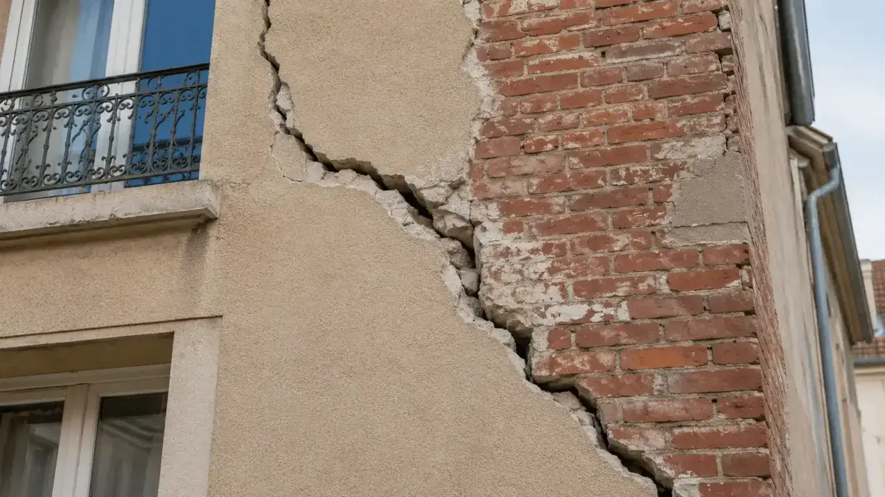 Une fissure béante traverse le mur d'une maison, révélant la brique rouge. Cette maison qui craque toujours au même endroit semble fragile.