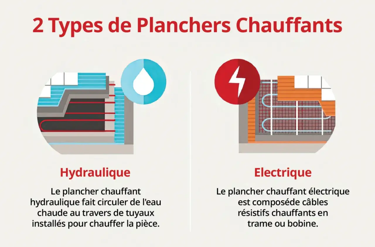 Le plancher chauffant hydraulique utilise des tuyaux pour faire circuler l'eau chaude. Illustration comparant les systèmes hydraulique et électrique.
