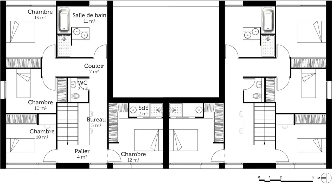 Plan d'une maison jumelée de 80m2 avec 4 chambres, salle de bain, WC, bureau et pièce de vie.