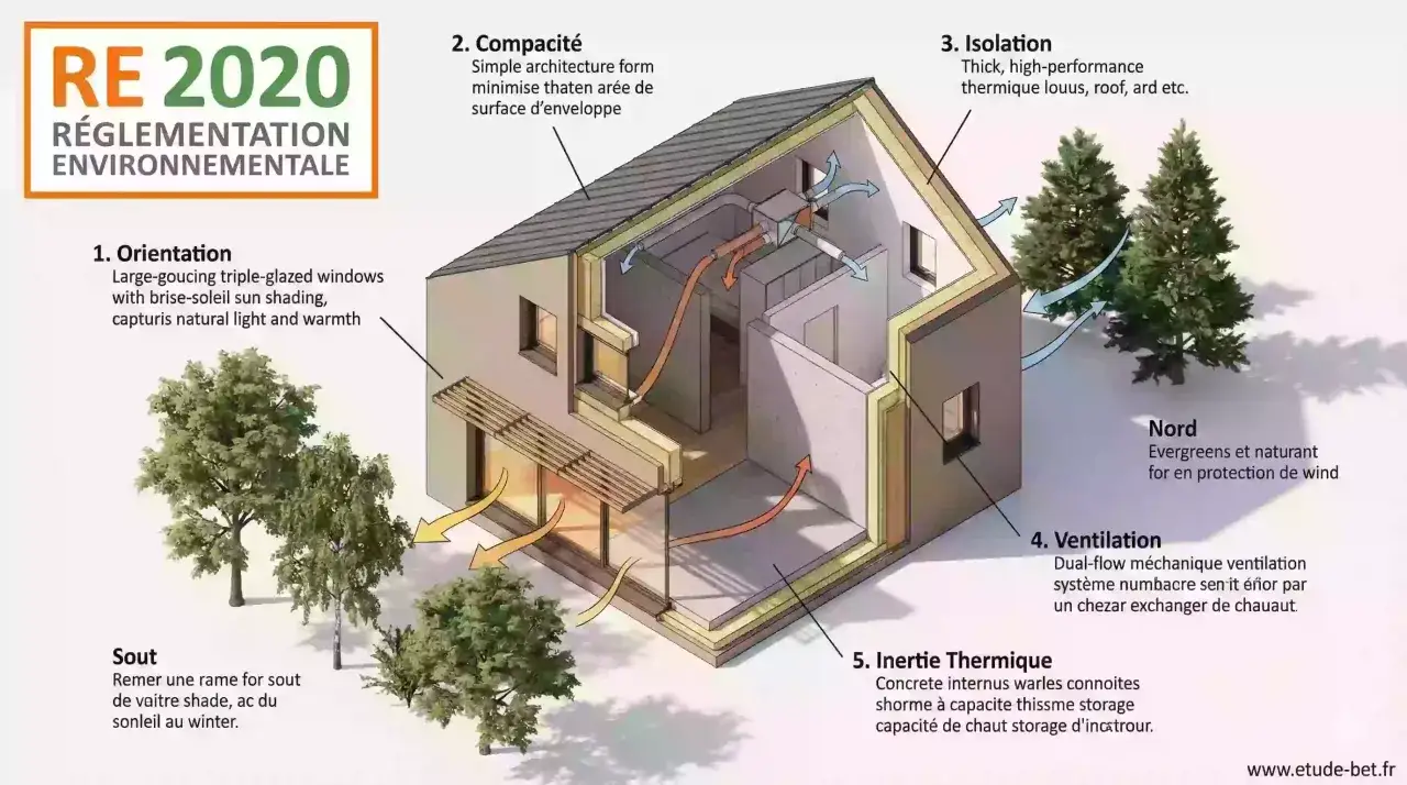 Plan d'une maison bioclimatique RE 2020 : orientation, compacité, isolation, ventilation et inertie thermique pour un confort optimal.
