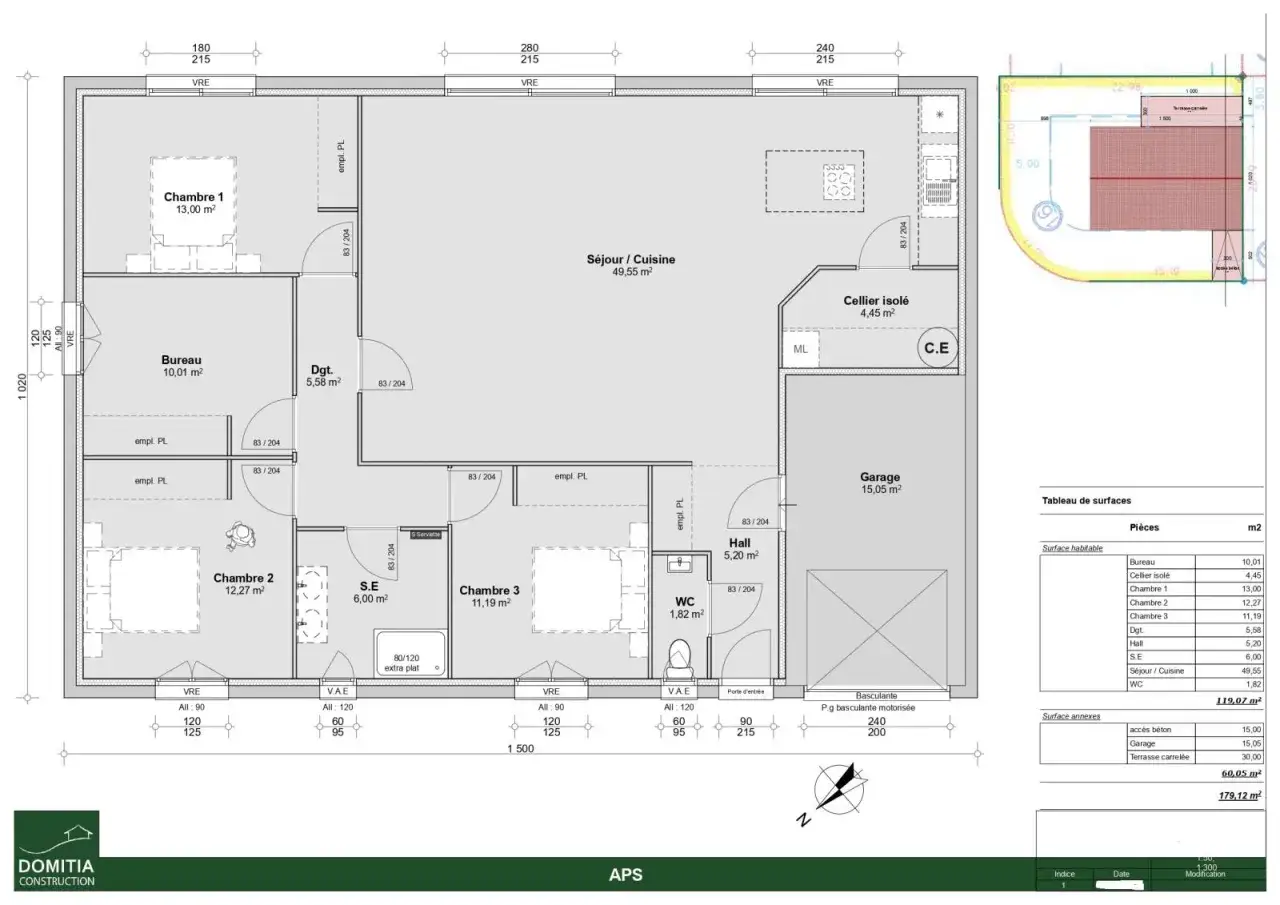 Plan de maison plain-pied avec 2 chambres, un bureau, un garage et un cellier isolé.