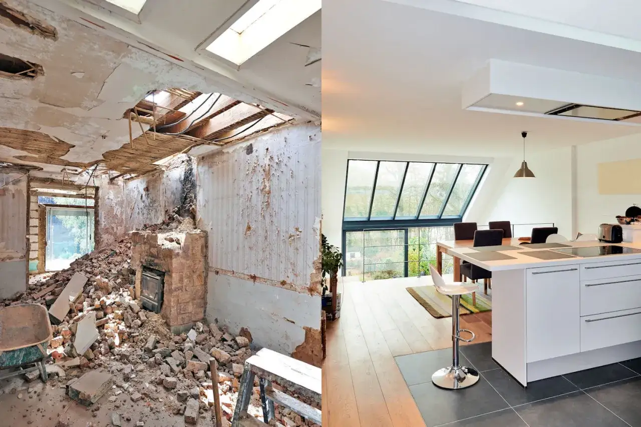 Avant/après : démolition d'une pièce en ruine et transformation en cuisine moderne. Le prix rénovation maison m2 varie selon l'ampleur des travaux.