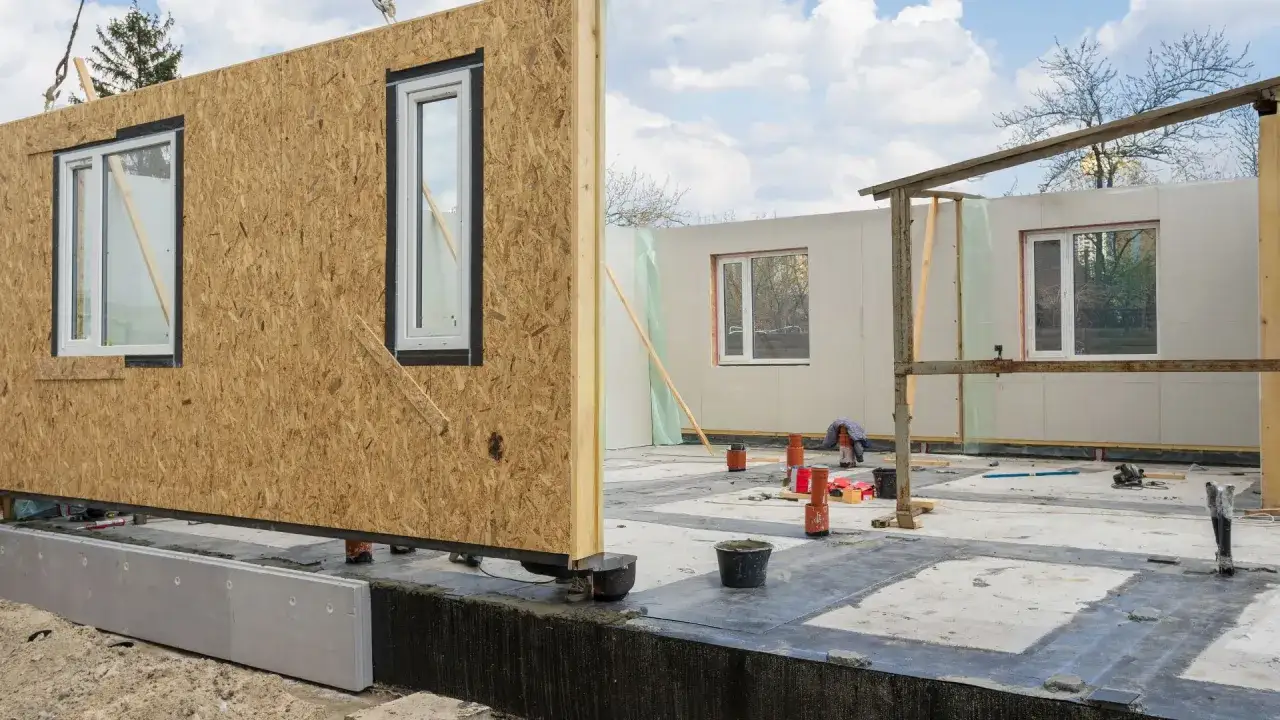 Panneaux de maison préfabriqués en cours d'assemblage, illustrant une construction rapide. Fenêtres déjà installées.
