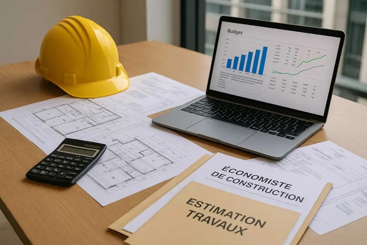 Casque de chantier jaune, plans, calculatrice et ordinateur affichant un budget. Préparation pour la rénovation de bâtiment.
