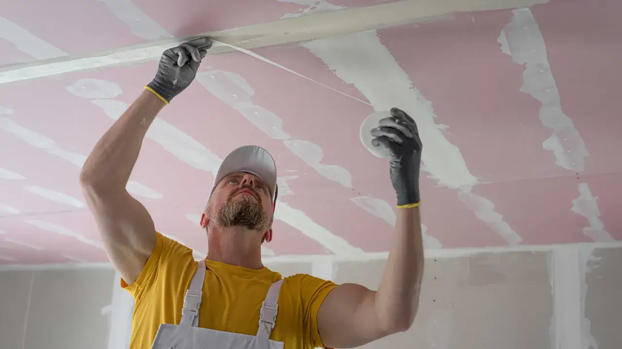 Un ouvrier applique du ruban de jointoiement &agrave; la jonction mur plafond, pr&eacute;parant la surface pour le pl&acirc;trage.