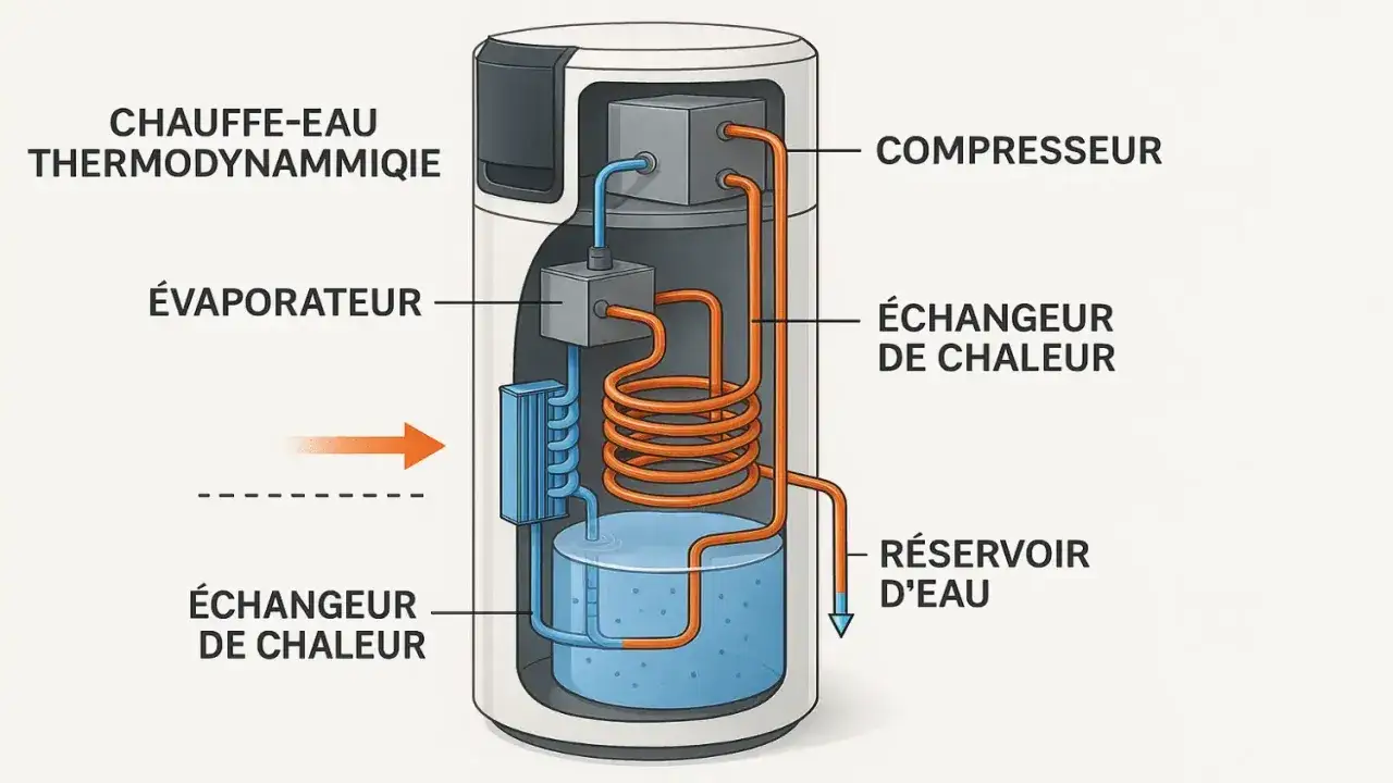 Schéma d'un chauffe-eau thermodynamique intérieur, montrant le compresseur, l'évaporateur, les échangeurs de chaleur et le réservoir d'eau.