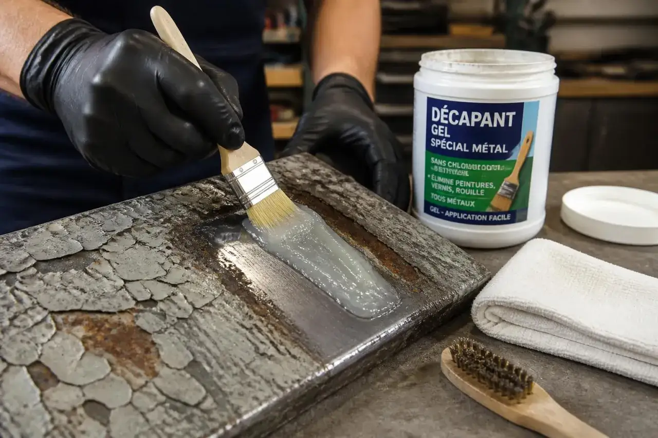 Application d'un gel pour enlever peinture sur métal sans décapant. Un pinceau dépose le produit sur une surface métallique écaillée.