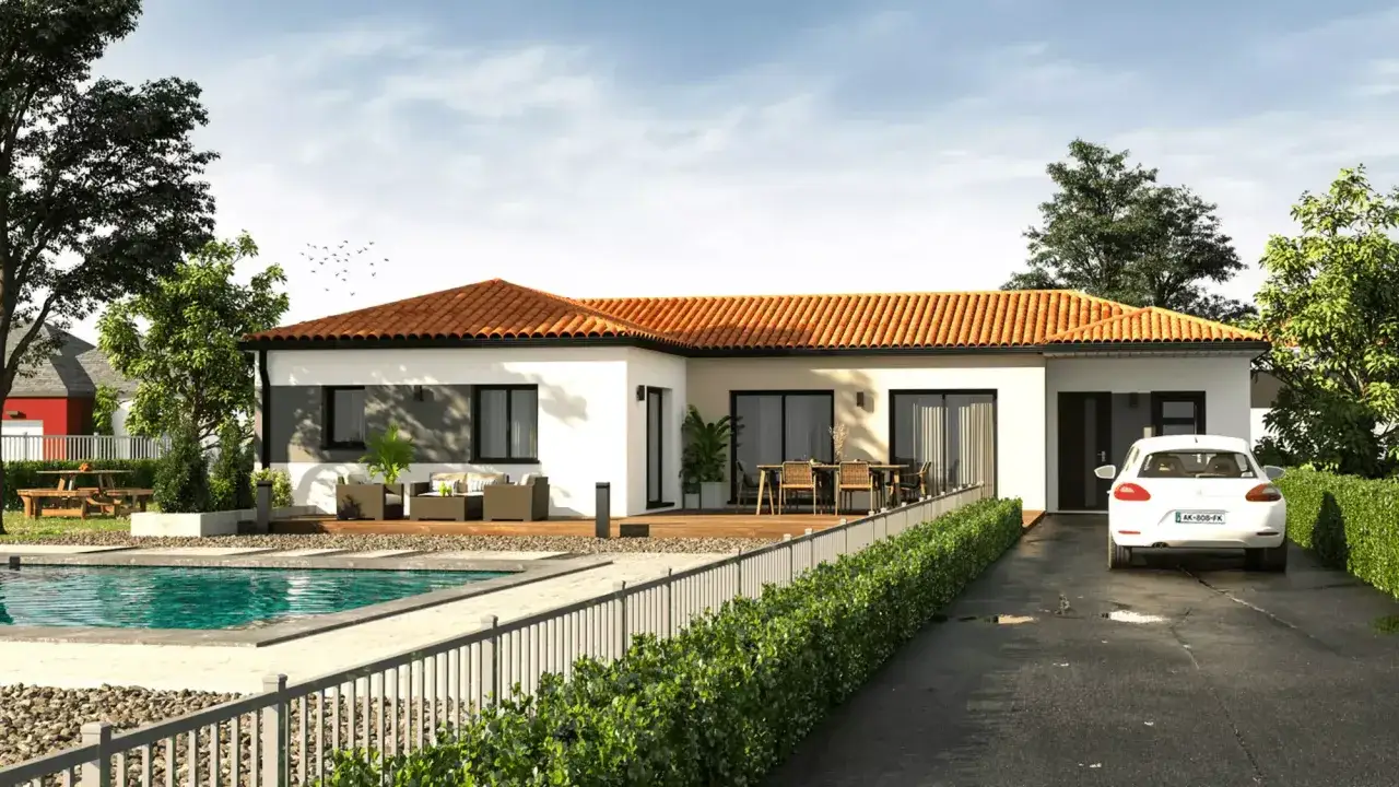 Belle maison moderne avec piscine et terrasse. Ce plan maison senior offre confort et accessibilité pour une retraite paisible.