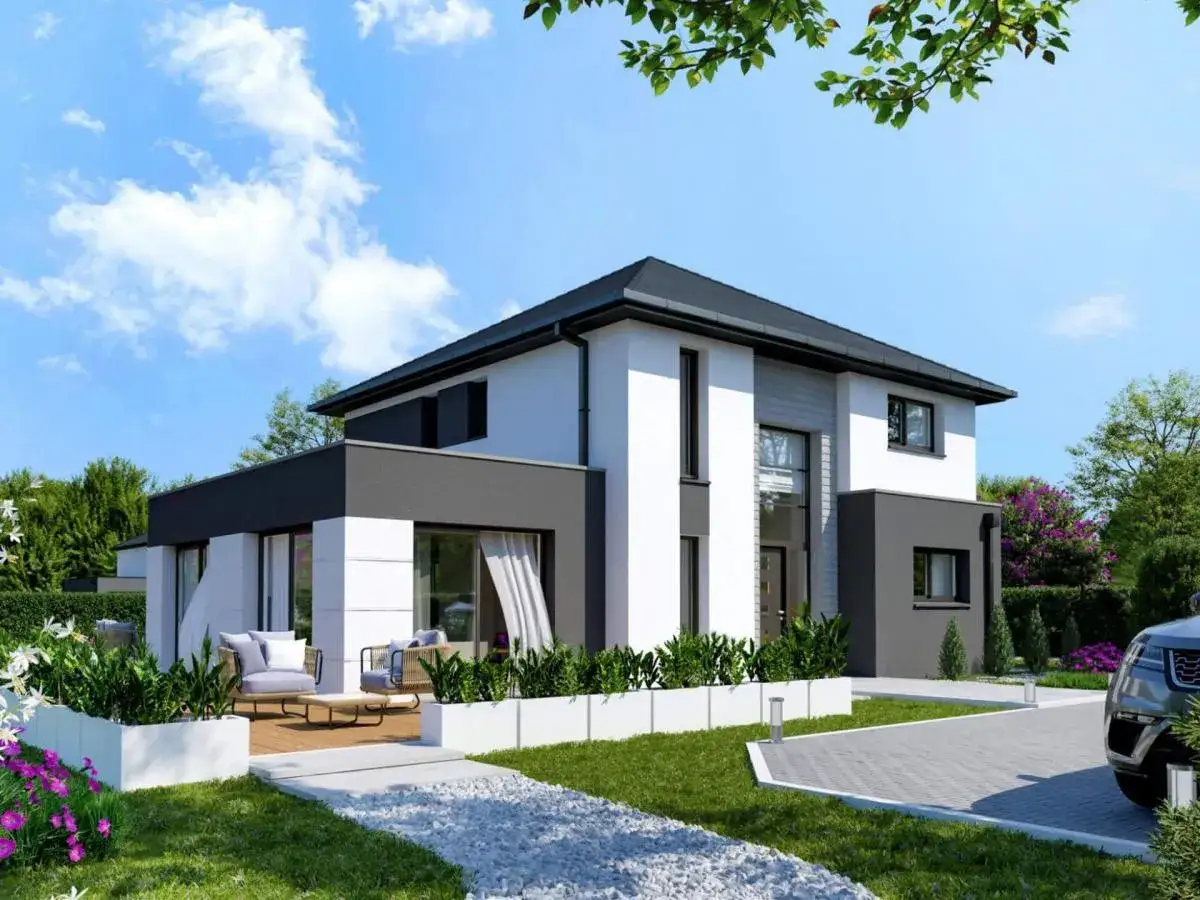 Maison moderne 100m2, prix sans terrain. Architecture contemporaine avec terrasse, jardin et voiture.