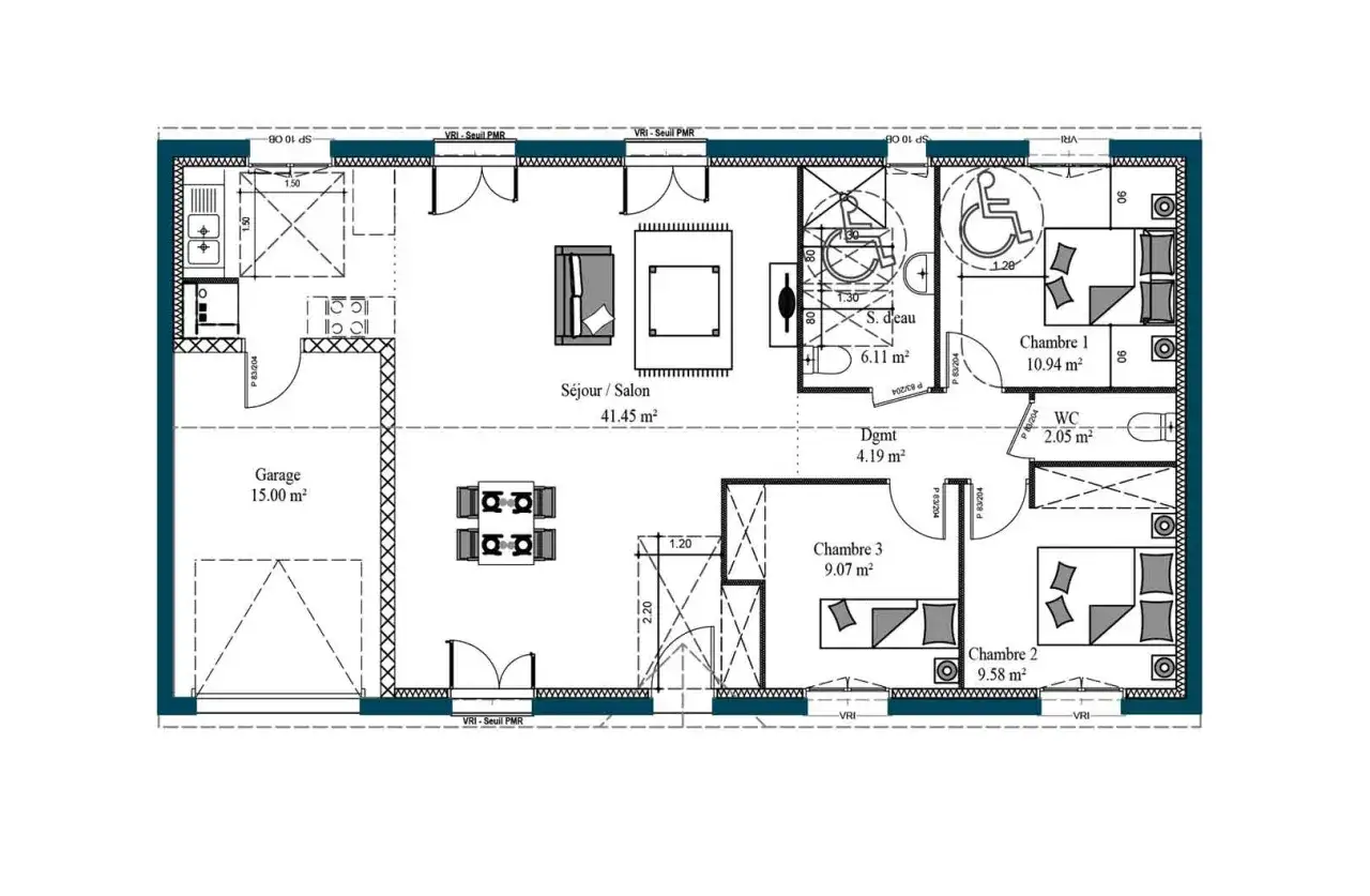 Plan de maison simple avec garage, séjour, 3 chambres, salle d'eau et WC. Idéal pour une famille.