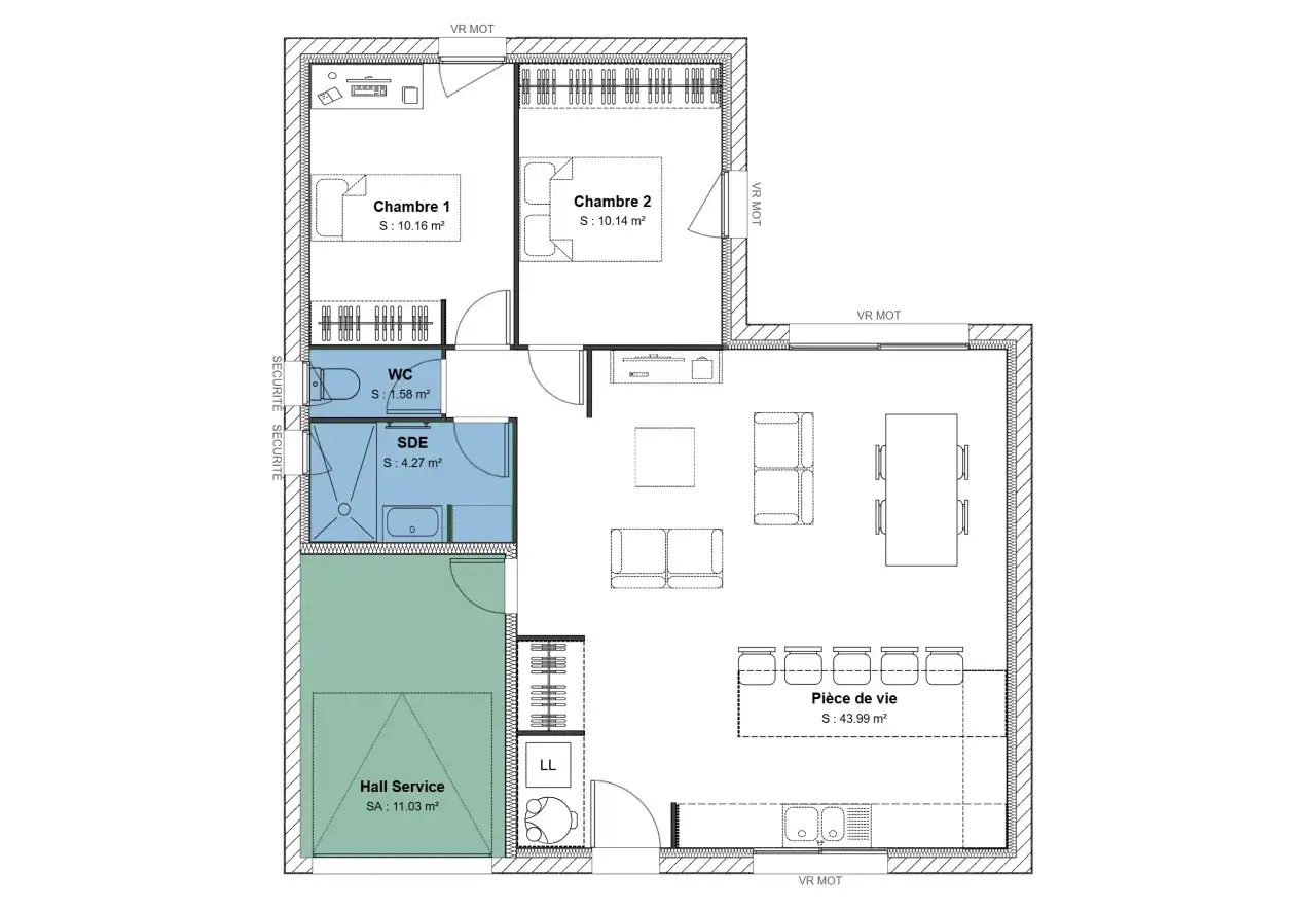 Plan d'une maison modulaire avec deux chambres, une pièce de vie spacieuse, une salle d'eau, WC et un hall service.