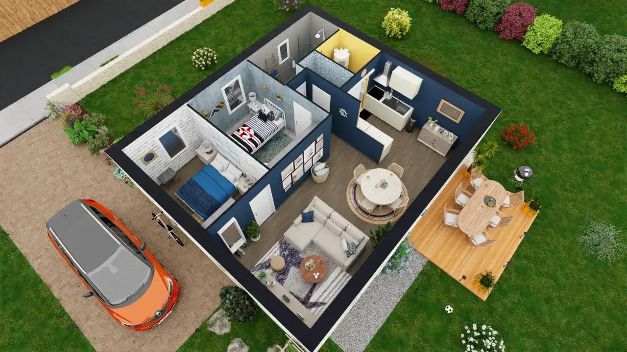Vue aérienne d'une maison 60 m2 avec salon, cuisine, deux chambres, salle de bain, terrasse et jardin. Une voiture orange est garée devant.