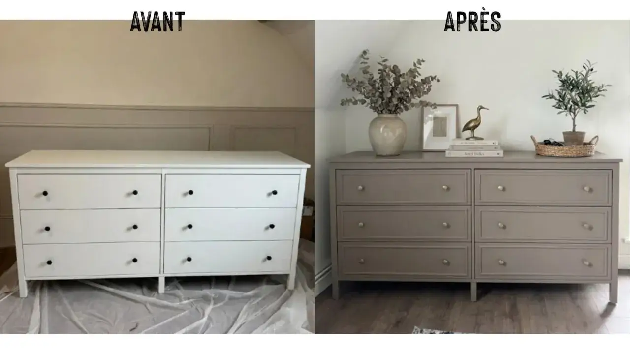 Avant/Apr&egrave;s : un meuble blanc transform&eacute;. Id&eacute;e pour customiser meuble blanc avec une nouvelle couleur et de nouvelles poign&eacute;es pour un look moderne.