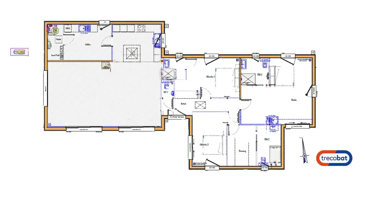 Plan d'une maison basse consommation avec cuisine, salon, chambres, WC et dressing.