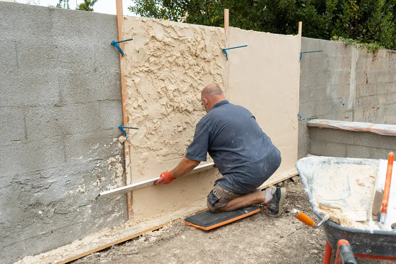 Un ouvrier applique un enduit texturé sur un mur en béton extérieur. La peinture sur mur béton extérieur est en cours de finition.