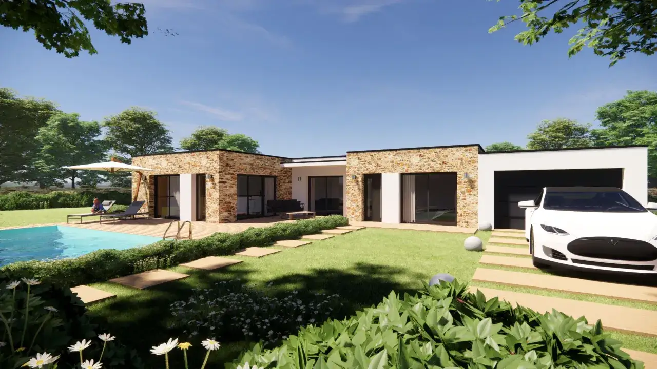 Une maison cube moderne plain-pied avec piscine, terrasse en bois, jardin verdoyant et une voiture blanche garée devant le garage.