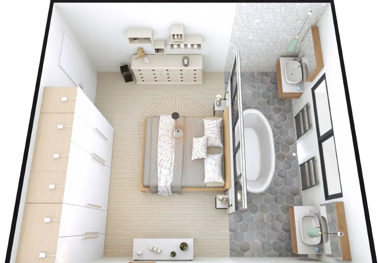 Aménagement d'une plan suite parentale 15m2 avec lit, commode, dressing et salle de bain attenante.