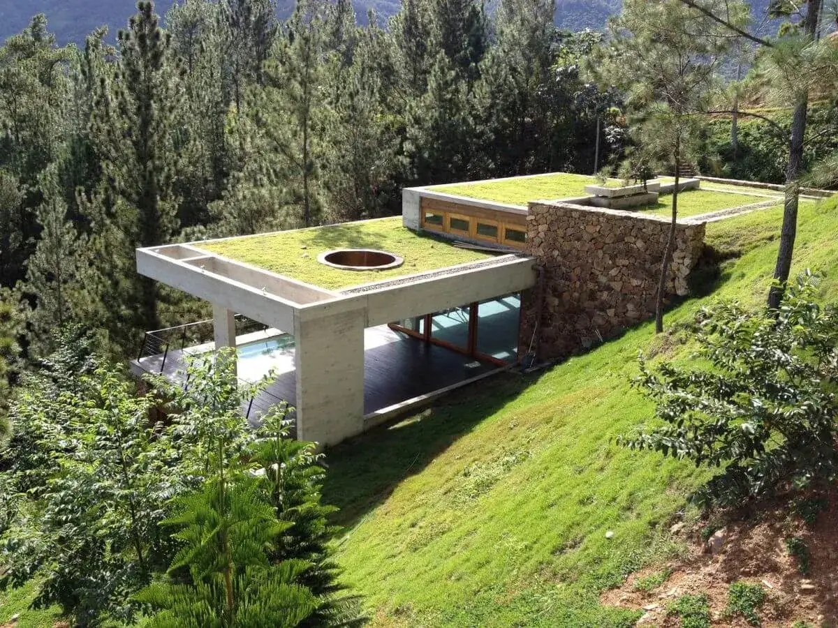 Maison semi enterrée sur un terrain en pente, avec toit végétalisé et murs en pierre, nichée dans une forêt de pins.