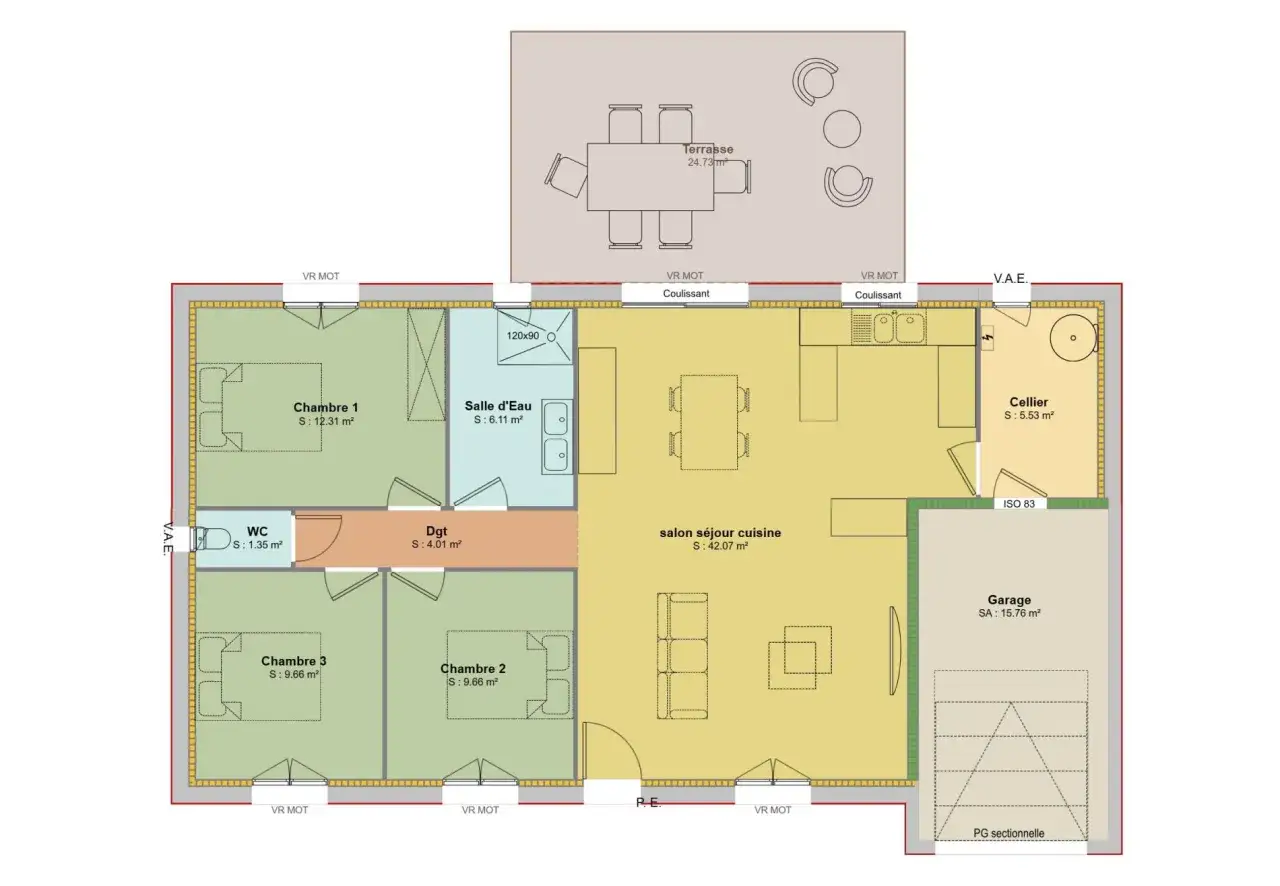 Plan d'une maison 90m² avec 3 chambres, salon-séjour-cuisine de 42m², salle d'eau, WC, cellier et garage. Terrasse extérieure.