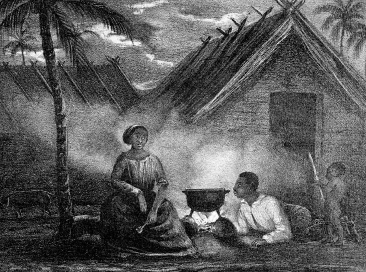 Scène de vie autour d'un feu devant une maison créole traditionnelle. Une femme et un homme préparent un repas.
