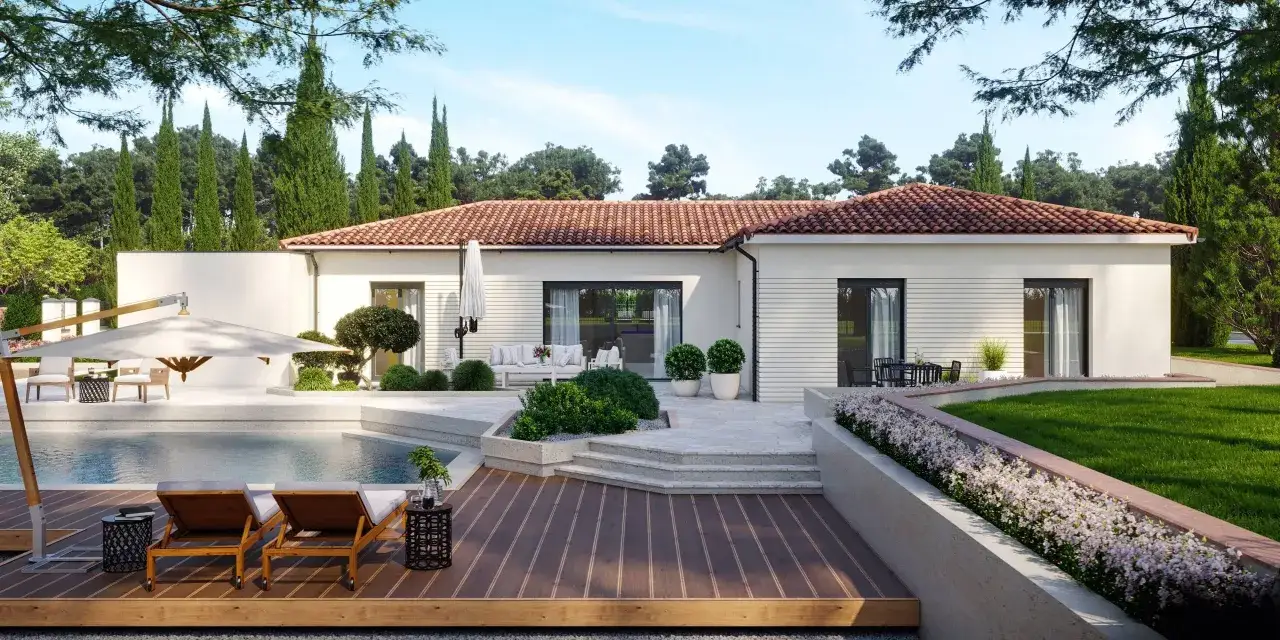 Magnifique maison plain pied moderne 150m2 avec piscine, terrasse en bois et jardin luxuriant. Un rêve de vacances.