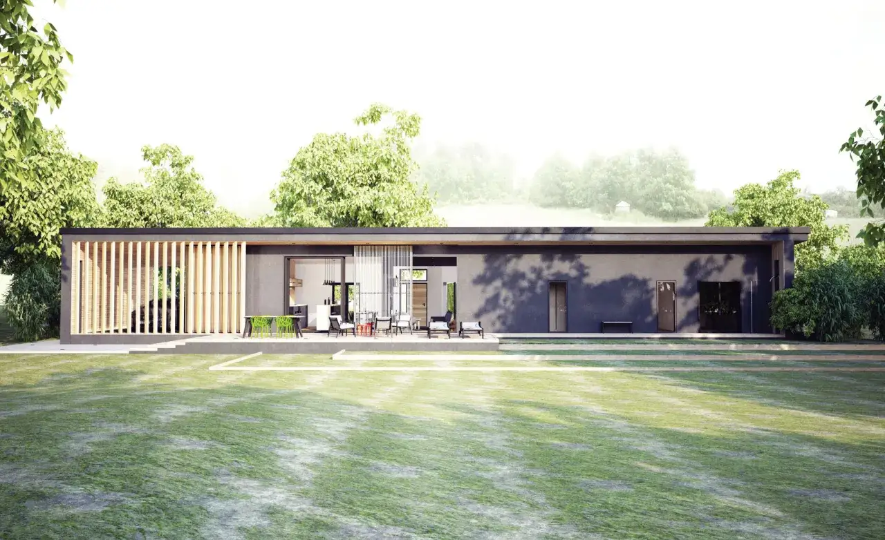 Maison moderne de plain-pied, plan longère, avec terrasse aménagée et jardin verdoyant.