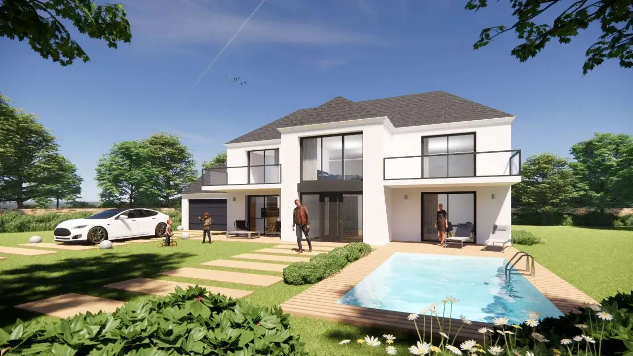 Maison moderne avec piscine, voiture électrique et enfants jouant. Un architecte ou constructeur a imaginé ce projet de rêve.