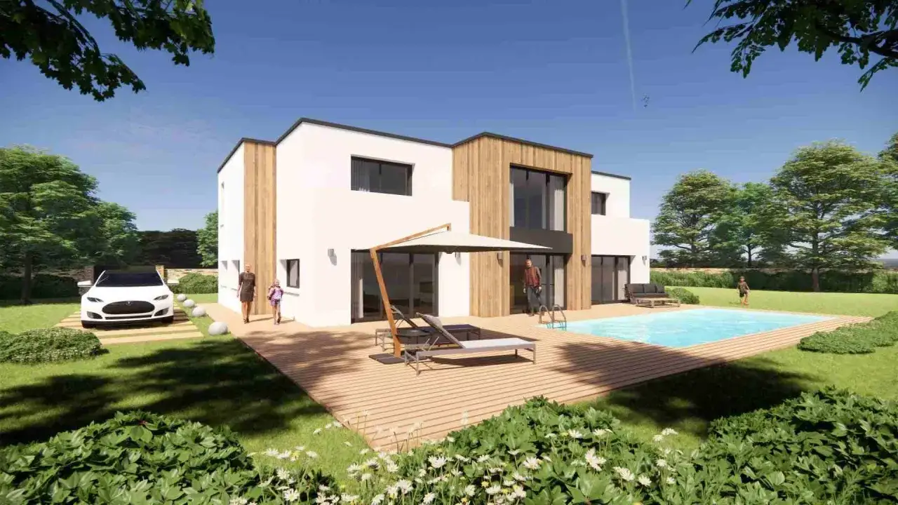 Maison individuelle moderne avec piscine, terrasse en bois et voiture. Un projet d'architecte réussi pour une vie de famille épanouie.