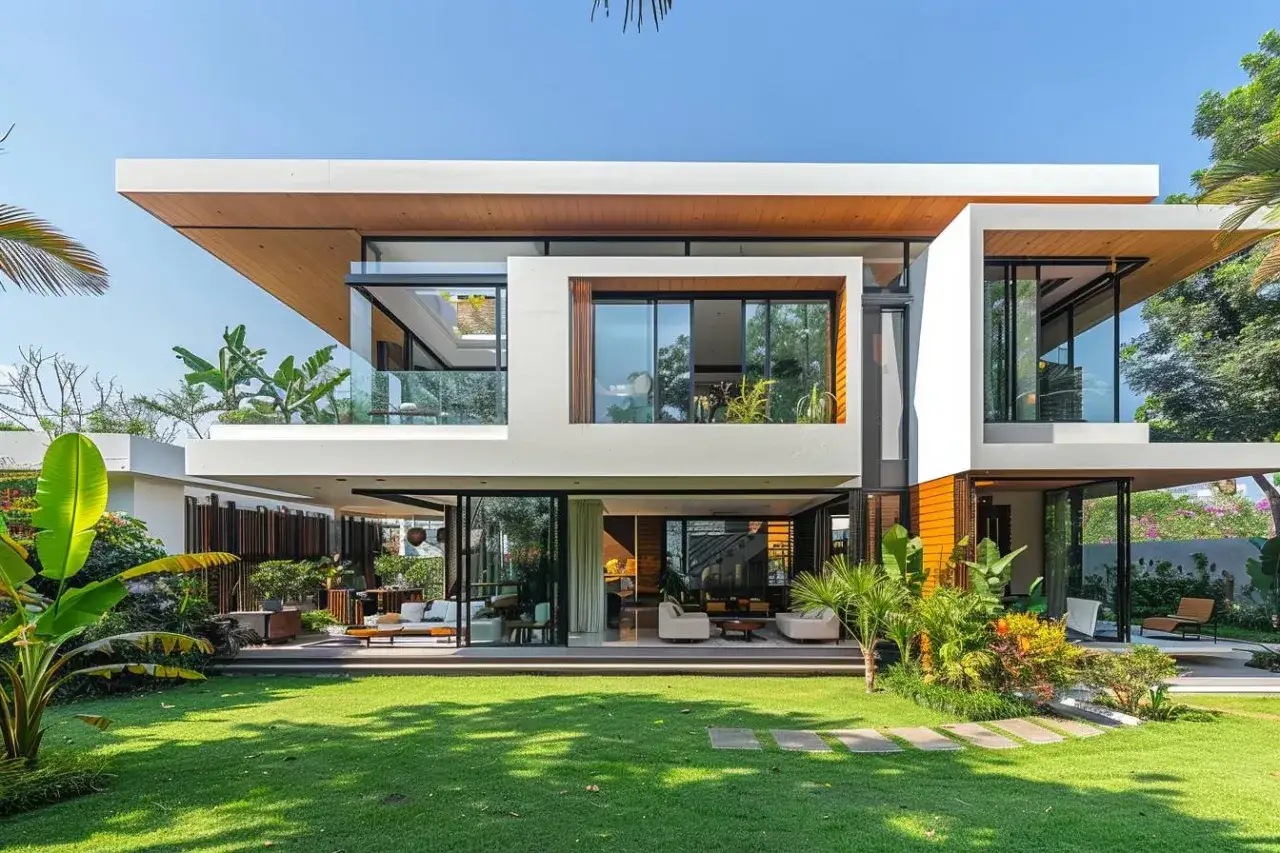Une maison futuriste aux lignes épurées, avec de grandes baies vitrées, des balcons et une végétation luxuriante.