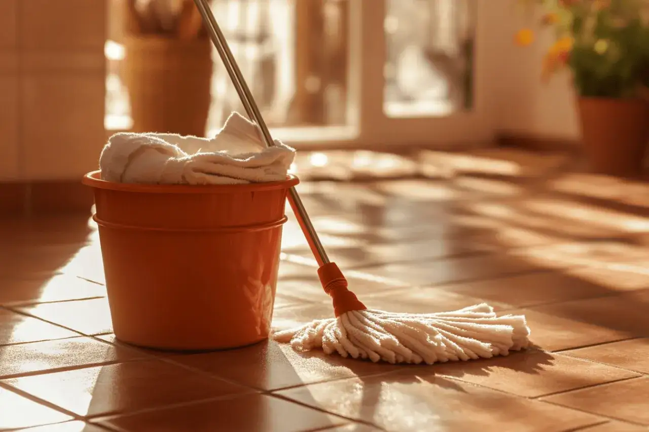 Seau orange avec serpill&egrave;re et serviette, pr&ecirc;t pour le nettoyage de terre cuite avec bicarbonate de soude. Lumi&egrave;re du soleil sur le sol.