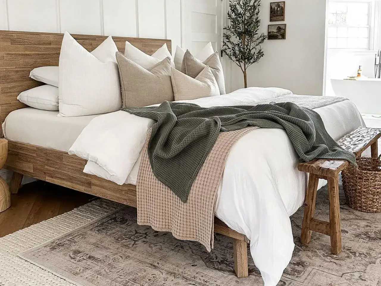 Lit, douillet, avec des coussins blancs et beiges, une couverture verte et rose. Une question se pose : quelle est la meilleure couleur pour une chambre ?