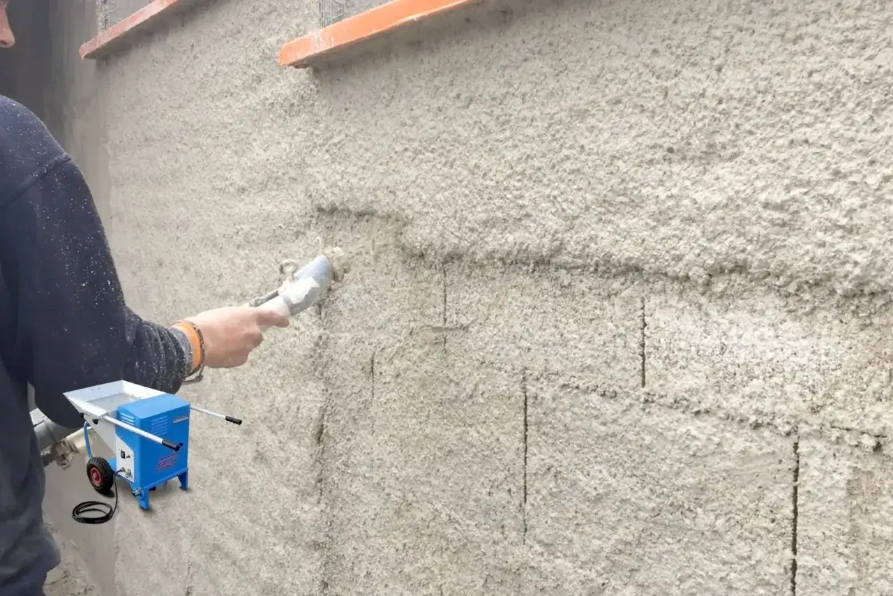 Un ouvrier utilise une machine pour appliquer un enduit projeté sur un mur extérieur. La texture granuleuse de l'enduit est visible.