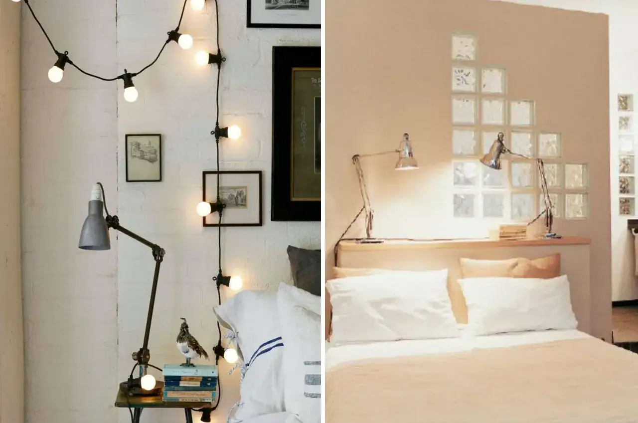 Ambiance cosy dans une chambre borgne : guirlande lumineuse, lampe d'appoint et mur de parpaings de verre.