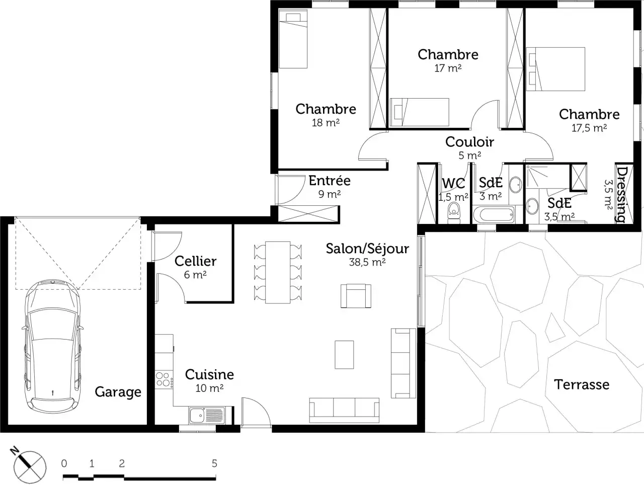 Plan d'une maison de plain-pied avec 3 chambres, dont une suite parentale avec dressing. Garage, cuisine, salon/séjour et terrasse inclus.