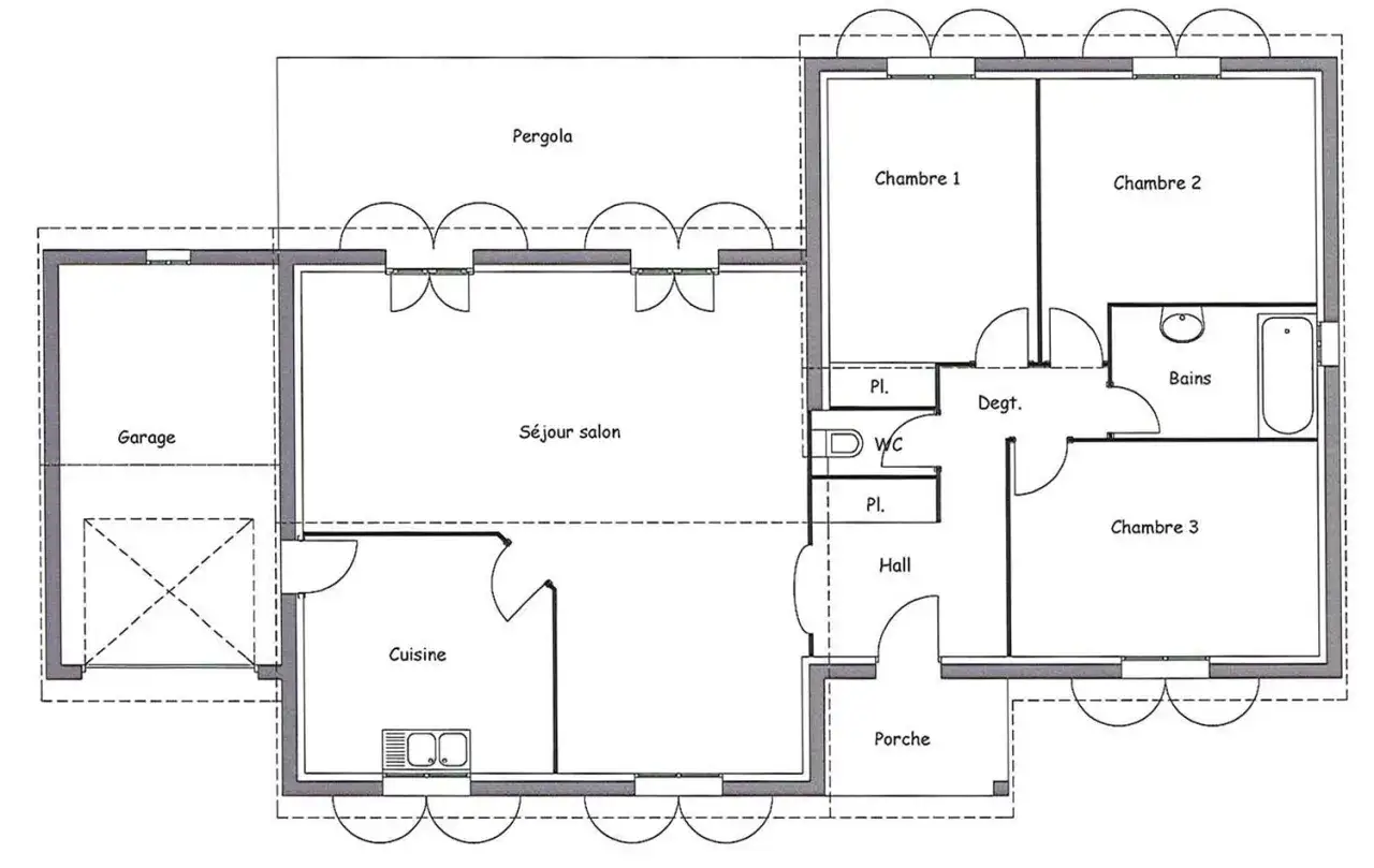 Plan maison plain pied avec garage, séjour, cuisine, 3 chambres, salle de bain et pergola.