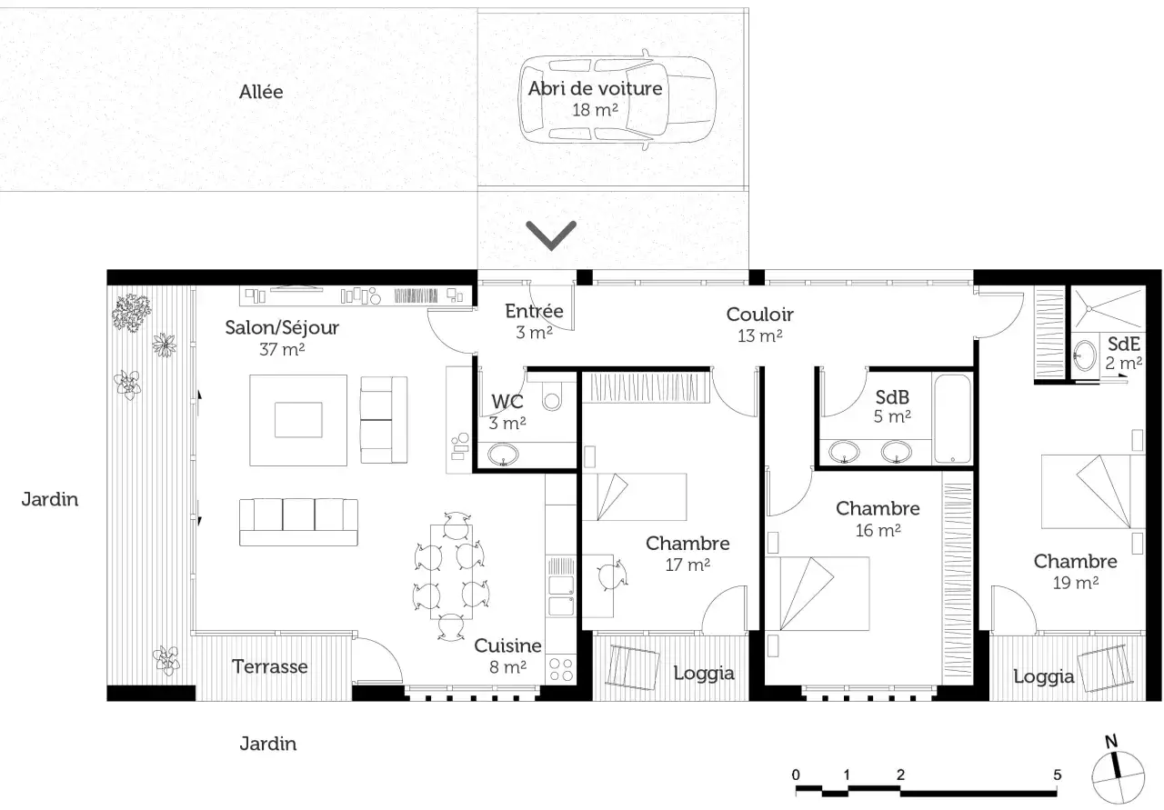 Plan d'un modèle de maison moderne avec salon, cuisine, 3 chambres, SdB, WC, terrasse et jardin.