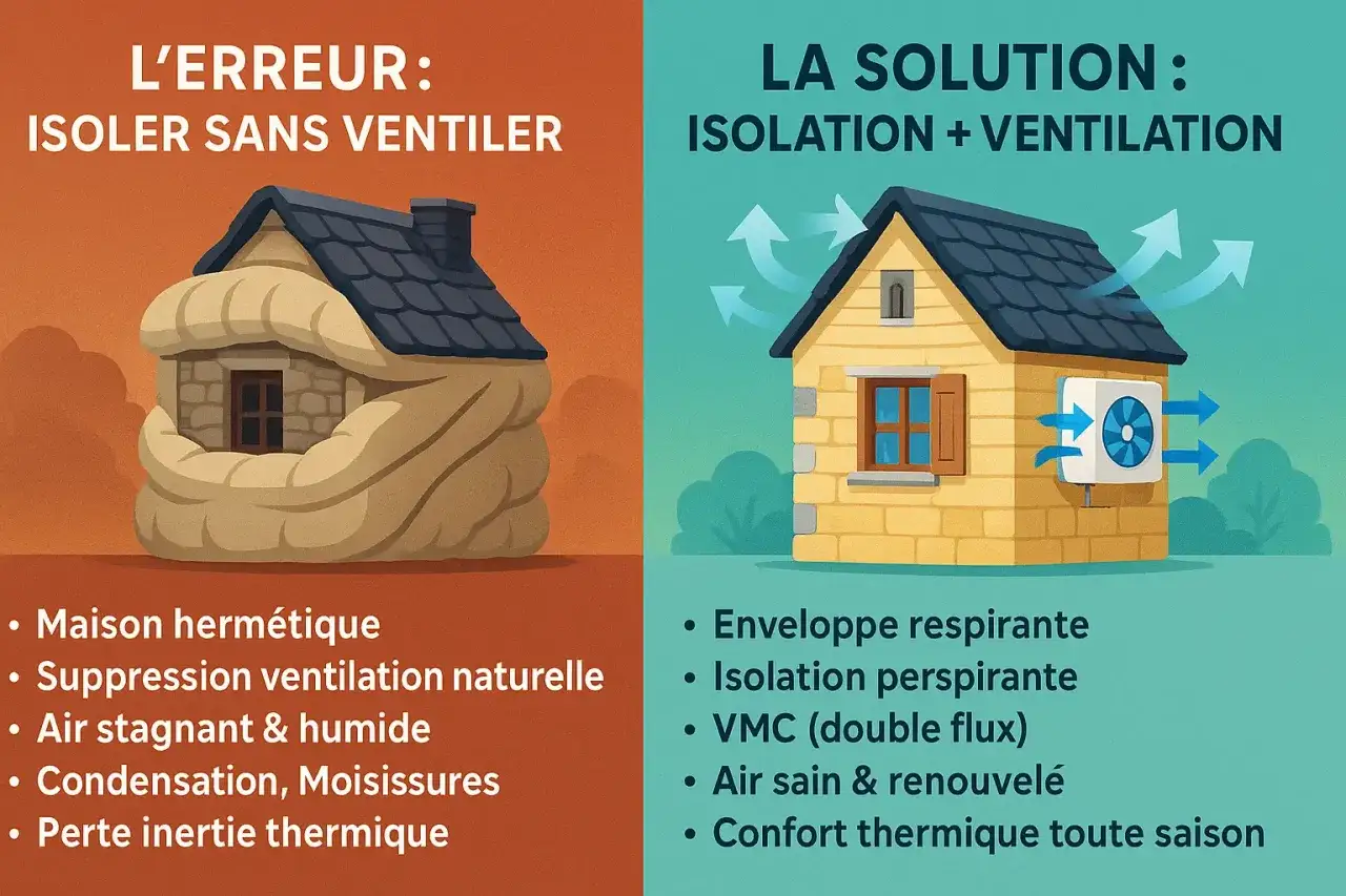 Pour bien rénover une maison, il faut isoler ET ventiler. L'image montre une maison étouffée par l'isolation seule, puis une maison saine avec ventilation.