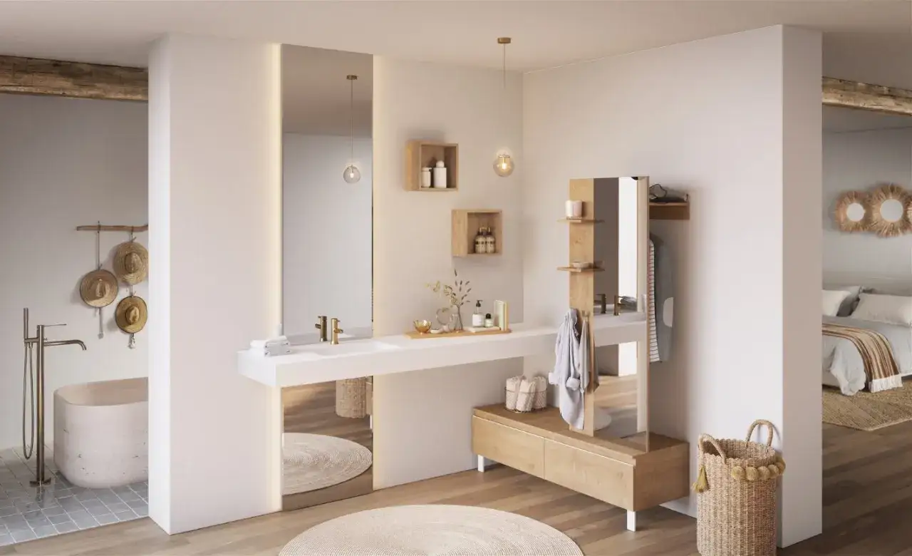 Plan d'une suite parentale en enfilade : salle de bain avec baignoire, double vasque, et dressing ouvert, le tout dans un style épuré et naturel.