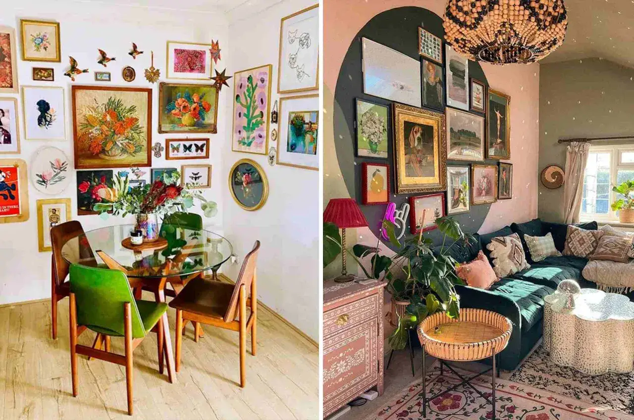 Un mur de cadre couloir éclectique, rempli de tableaux et d'objets décoratifs, crée une ambiance bohème et chaleureuse.