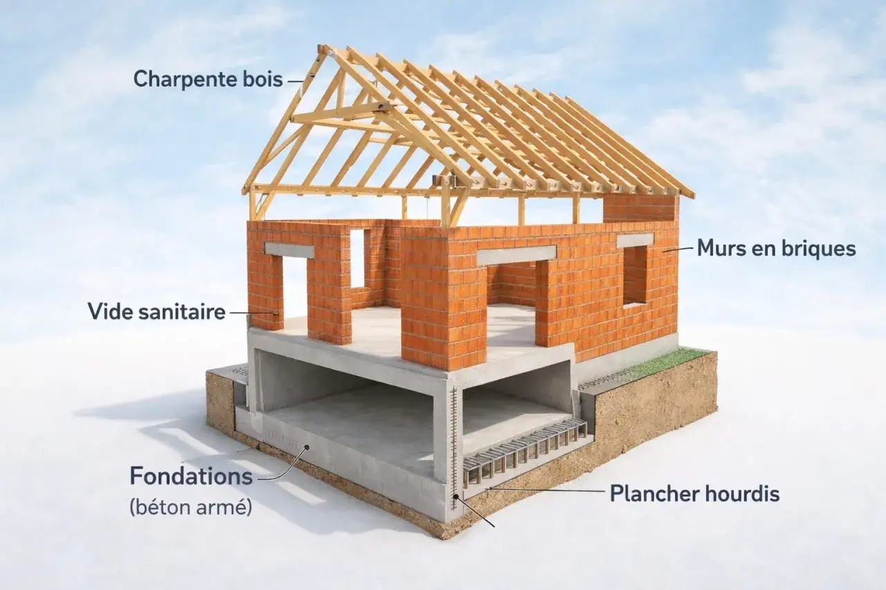 Vue en coupe d'une maison en cours d'une étape de construction, montrant les fondations, le vide sanitaire, les murs en briques et la charpente en bois.
