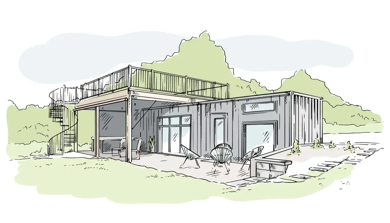 Une extension maison container moderne avec terrasse et escalier extérieur menant à un toit-terrasse.