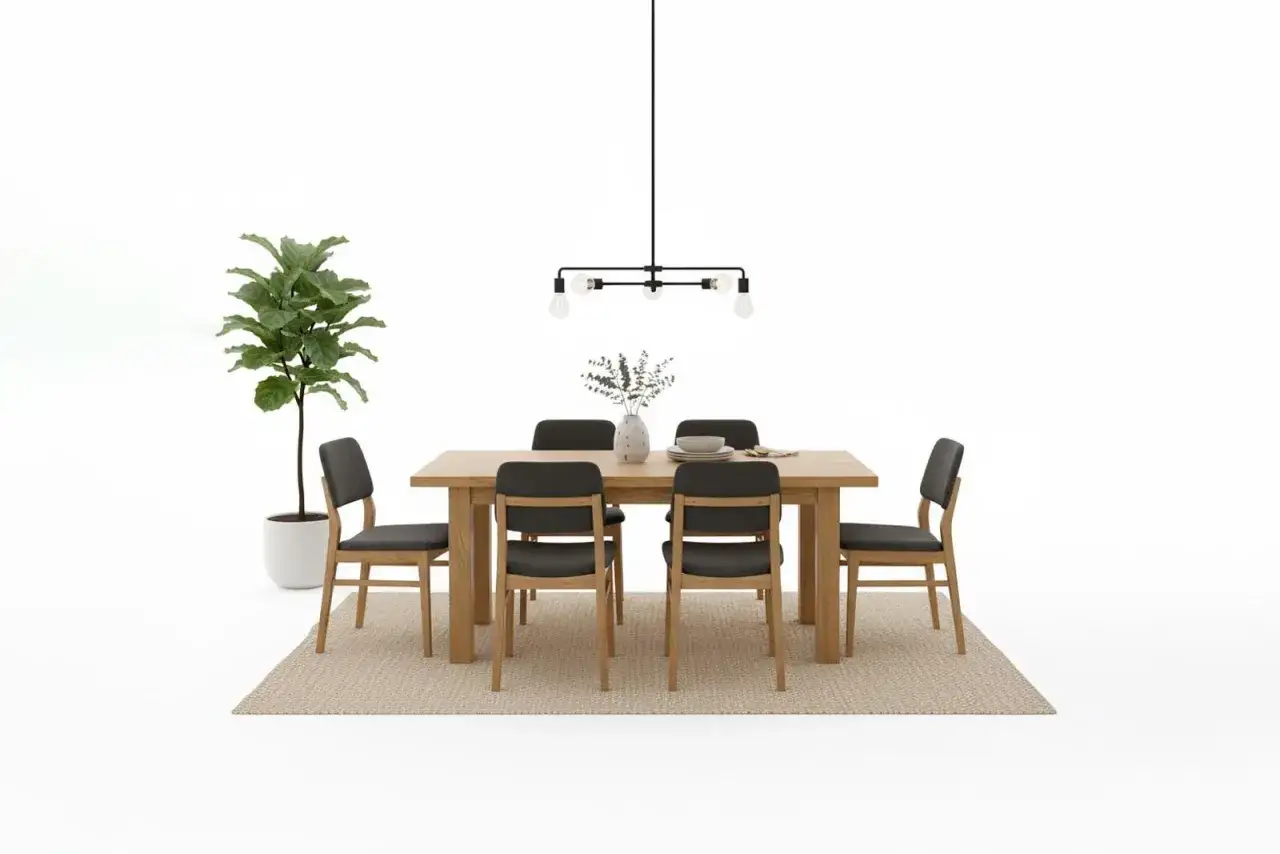 Plan salle &agrave; manger moderne : table en bois, six chaises grises, plante verte et suspension industrielle.