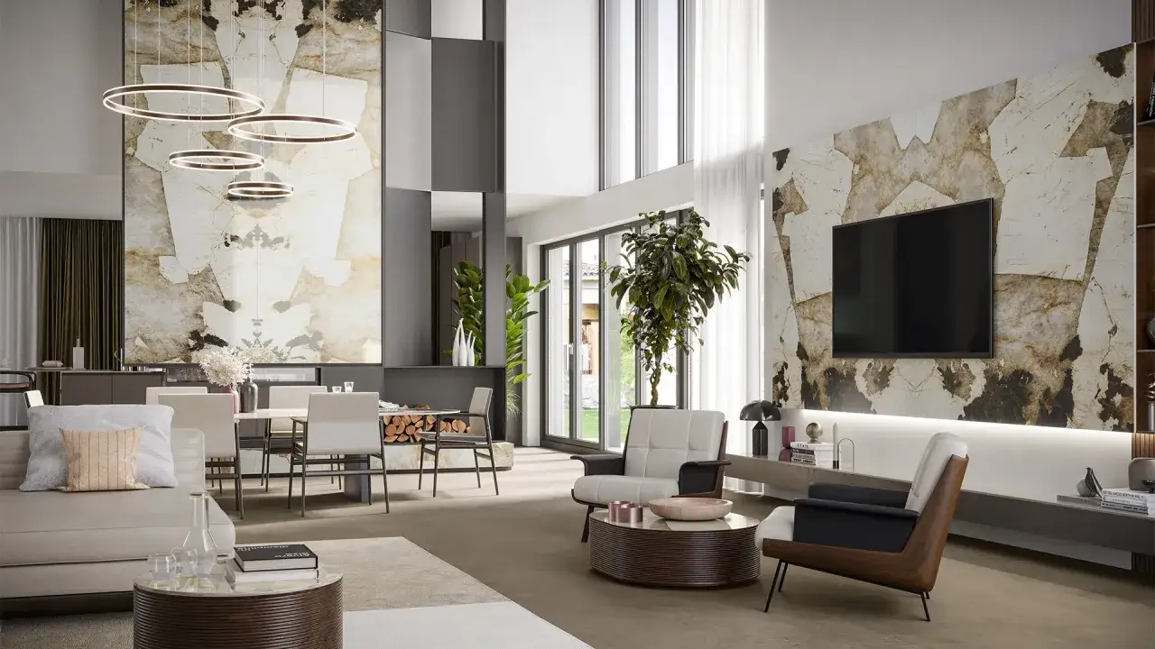 Un &eacute;l&eacute;gant salon salle &agrave; manger de 20m2 avec des murs en marbre, des luminaires circulaires et un mobilier moderne.