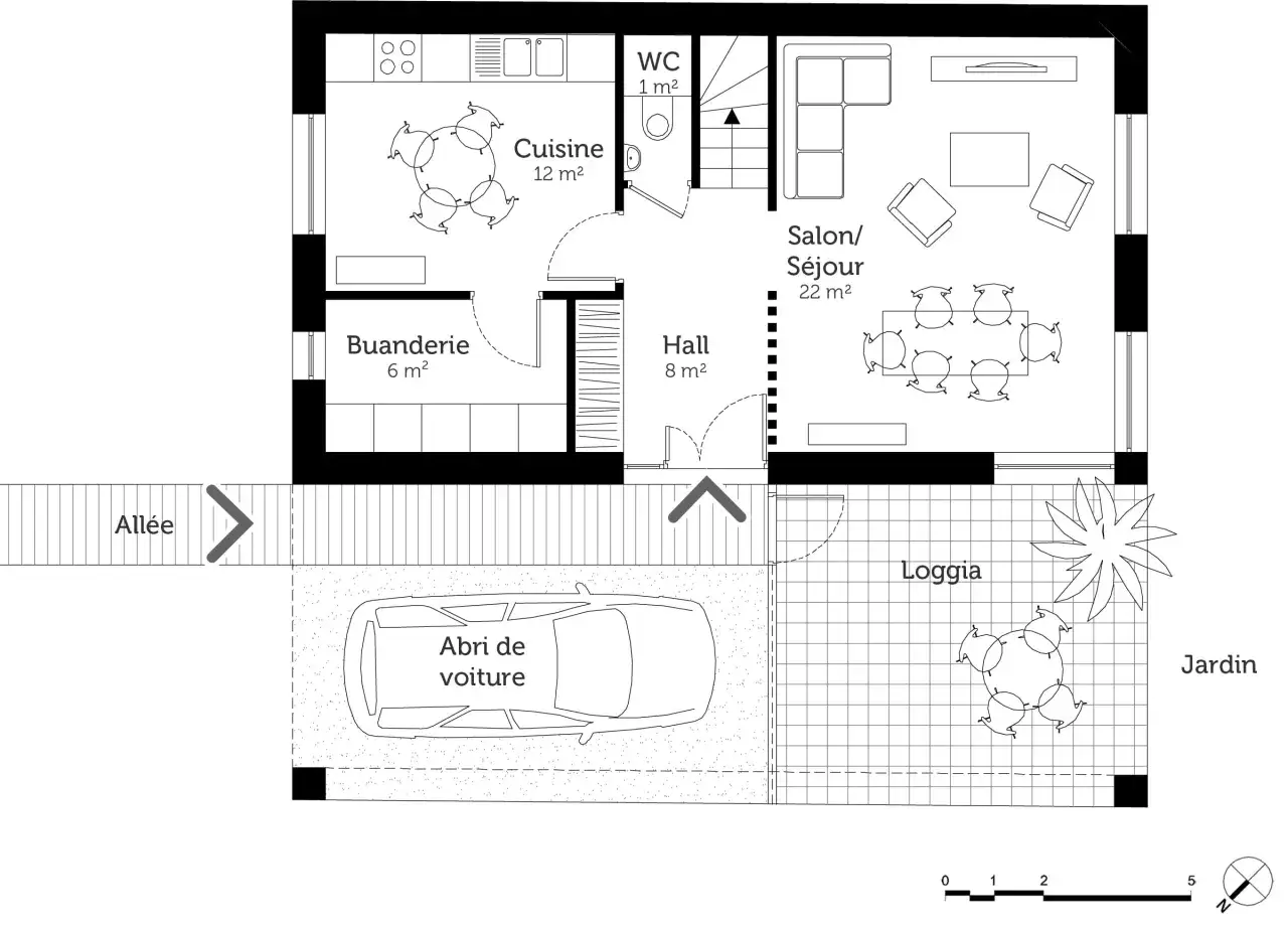 Plan maison 100m2 à étage : cuisine, séjour, buanderie, WC, hall, loggia, abri voiture et jardin.