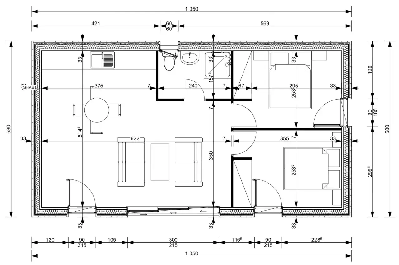 Plan d'une petite maison 50m2 : salon, cuisine, salle de bain, deux chambres. Idéal pour un projet de construction compacte.