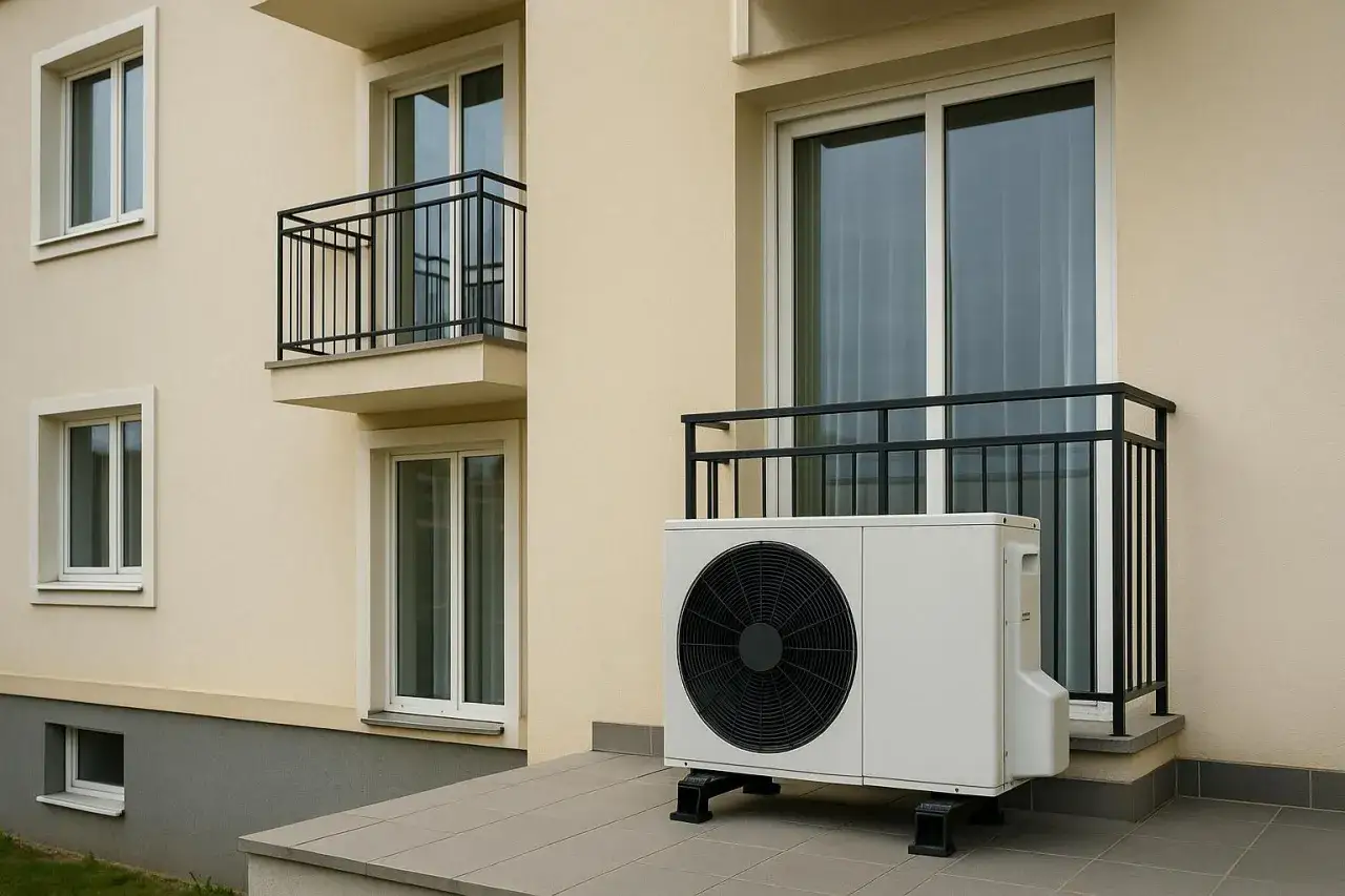 Unité de pompe à chaleur hybride sans unité extérieure installée sur un balcon.