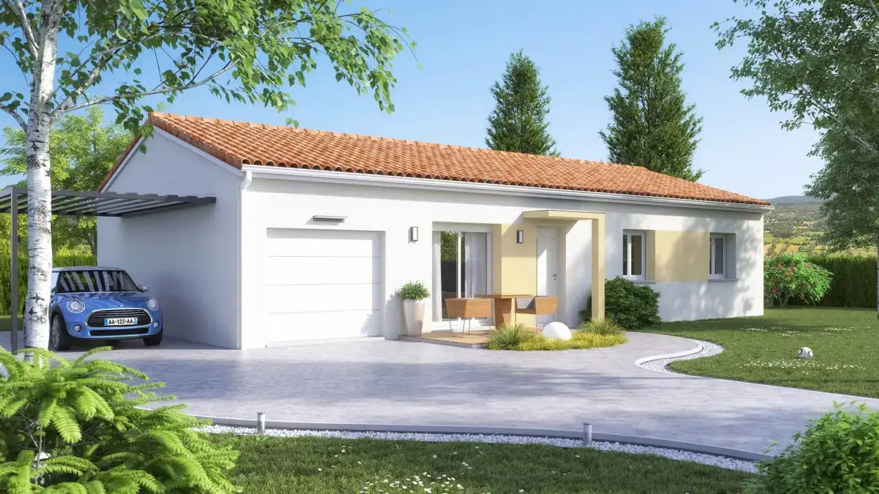 Maison moderne avec garage attenant, terrasse et jardin. Ce plan maison 55 m2 est idéal pour un projet compact et fonctionnel.