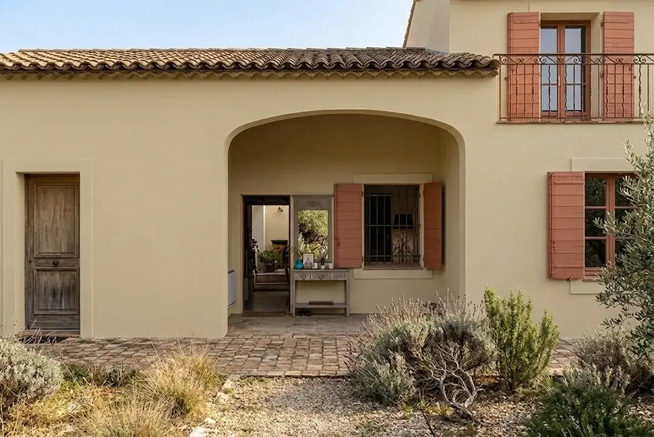 La couleur façade maison est un doux beige, contrastant avec les volets en terre cuite et la porte en bois patiné. Un porche abrite une entrée accueillante.