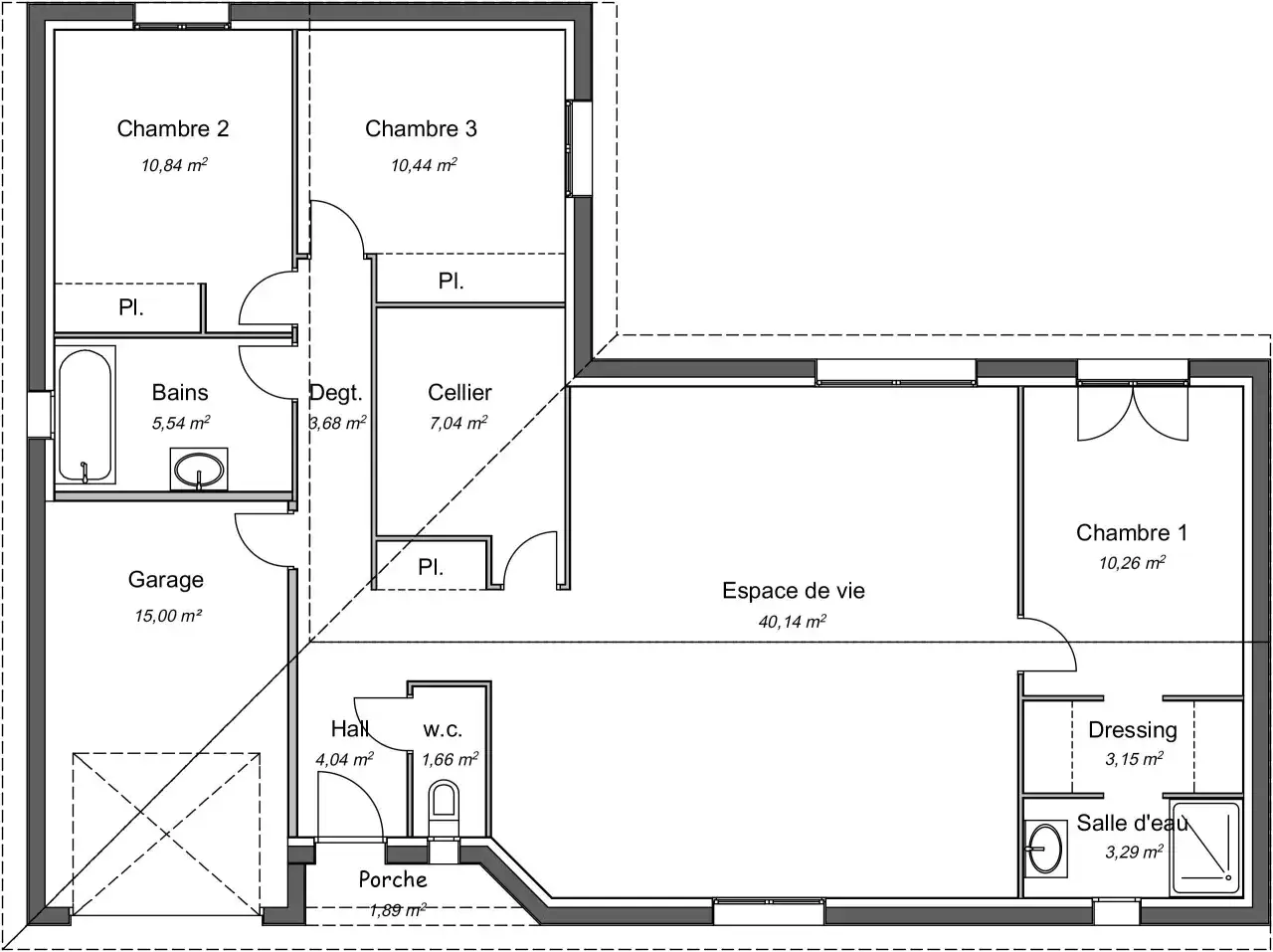 Plan d'une maison contemporaine en L avec 3 chambres, un grand espace de vie, garage, salle de bain et dressing.